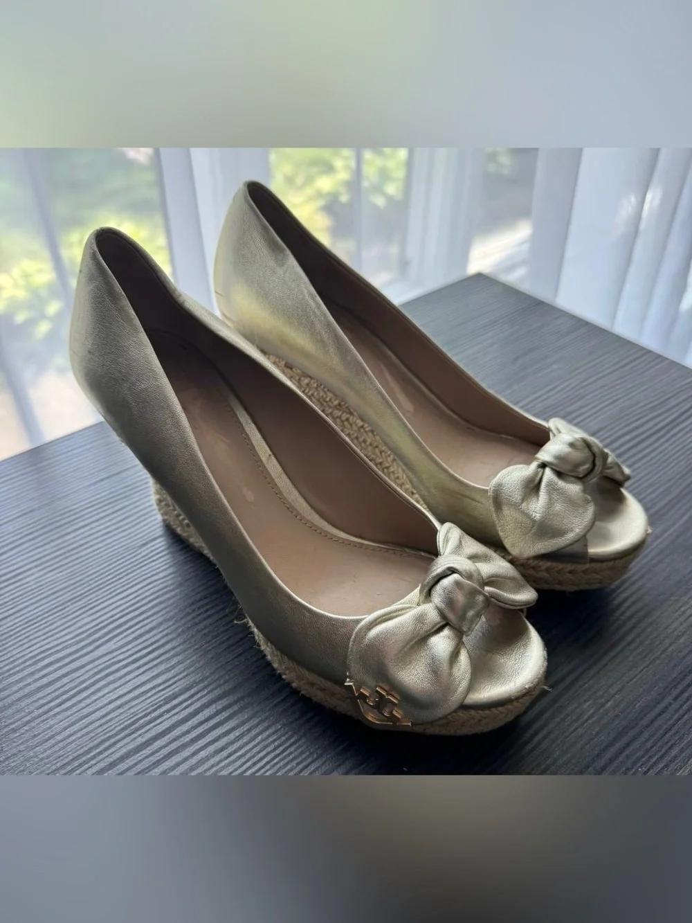 Tory Burch Metallic Gold Espadrille Wedges Size 6